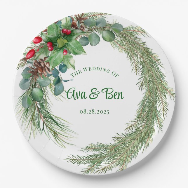 Pine needles red berry wreath wedding paper plates (Front)