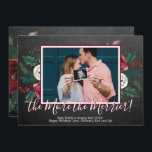 Pine Photo Christmas Pregnancy Announcement Cards<br><div class="desc">Photo Christmas Pregnancy Announcement Cards. Expecting parents! Modern white-red hand lettered typography script "the More the Merrier!" card to share your happy news with family and friends in the holiday season. Features watercolor burgundy white floral pine branches red berries with holly arrangement on chalkboard background. Inside the frame you can...</div>