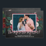Pine Photo Christmas Pregnancy Announcement Cards<br><div class="desc">Photo Christmas Pregnancy Announcement Cards. Expecting parents! Modern white-red hand lettered typography script "the More the Merrier!" card to share your happy news with family and friends in the holiday season. Features watercolor burgundy white floral pine branches red berries with holly arrangement on chalkboard background. Inside the frame you can...</div>