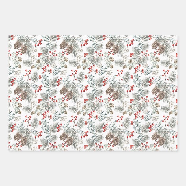 Pine Pine Cones Red Berries Christmas  Wrapping Paper Sheets (Front)