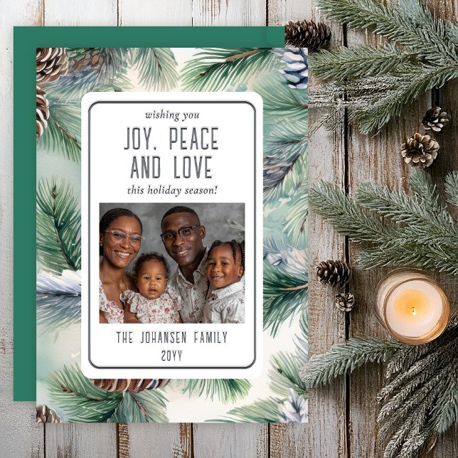 Pine | Pinecones Joy Peace and Love Holiday Letterpress Photo Cards (Rustic Pinecones and Pine Greenery Joy, Peace and Love Christmas Holiday Letterpress Photo Cards)