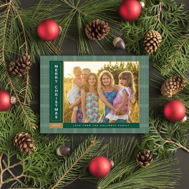 Pine Plaid Sidebar Holiday Card (Pine Green Sidebar Photo Holiday Card)