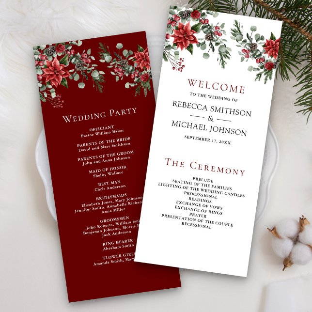 Pine Poinsettia Floral Christmas Wedding Program (Creator Uploaded)