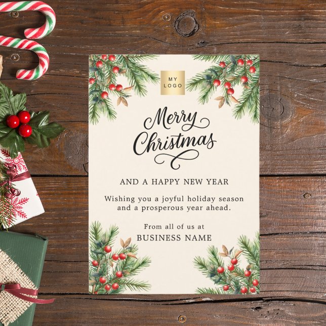 Pine red berries beige owl business logo Christmas Holiday Card (Creator Uploaded)