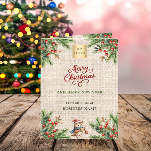 Pine red berries burlap photo business Christmas Holiday Card