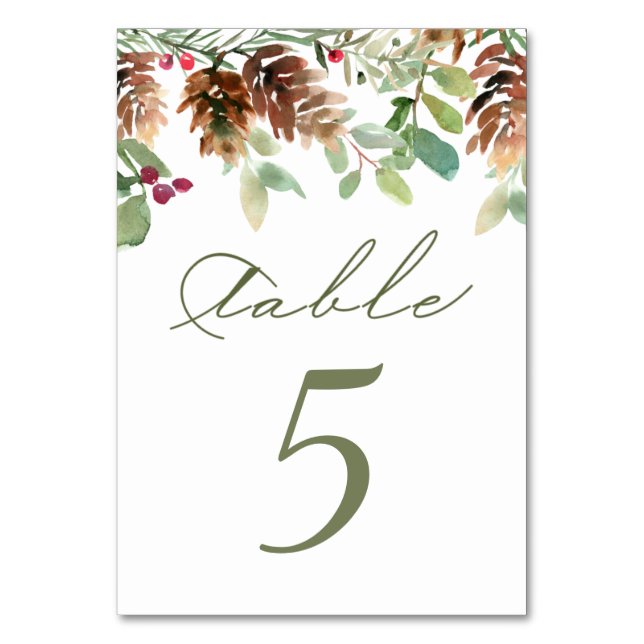 Pine Red Berry Winter Greener Table Number (Front)