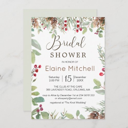 Pine Red Berry Winter Greenery Bridal Shower Invitation