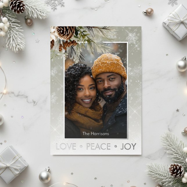 Pine & Silver Snow Green Photo Christmas Foil Holiday Card (Creator Uploaded)
