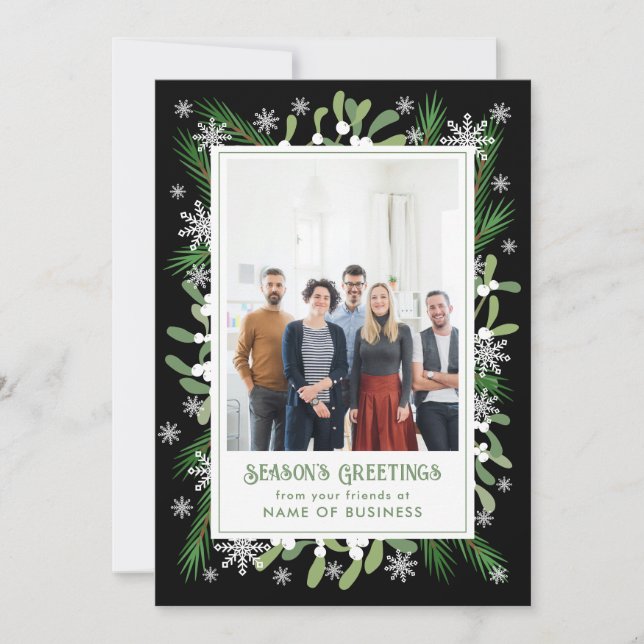 Pine Snowflakes Business Photo Season's Greetings Holiday Card (Front)