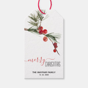 Pine Sprig Red Berries Merry Christmas Editable Gift Tags