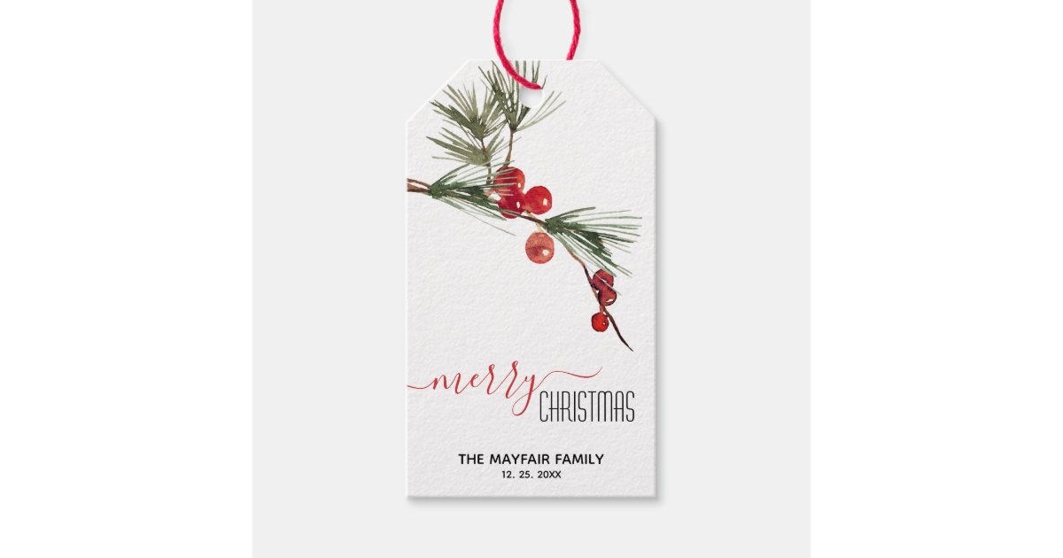 Pine Sprig Red Berries Merry Christmas Editable Gift Tags | Zazzle.com