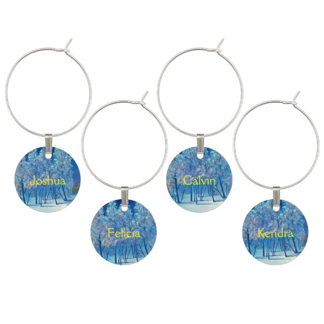 Pine Spruce Tree Winter Blue Christmas Snow Wine Glass Charm (Staggered)
