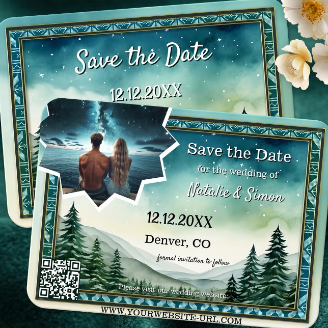 Pine Stargazing Photo Winter Save the Date Announcement (Winter Save the Date card featuring a watercolor painting of pine trees in a landscape with stars)