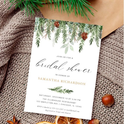 Pine tree acorns rustic winter bridal shower invitation