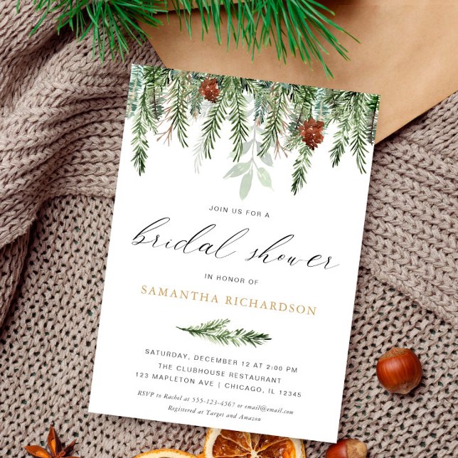 Pine tree acorns rustic winter bridal shower invitation (Creator Uploaded)