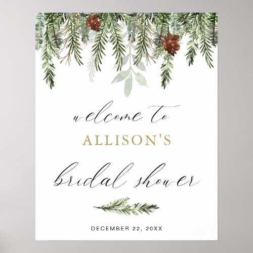 Pine tree acorns winter bridal shower welcome sign