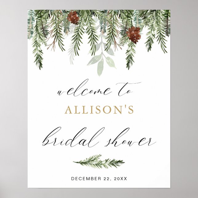 Pine tree acorns winter bridal shower welcome sign (Front)