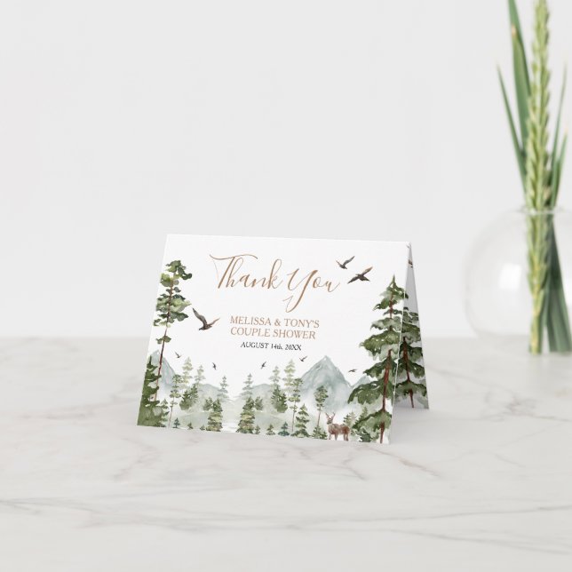 Pine Tree Adventure Awaits Couple Shower Folded Thank You Card (Front)