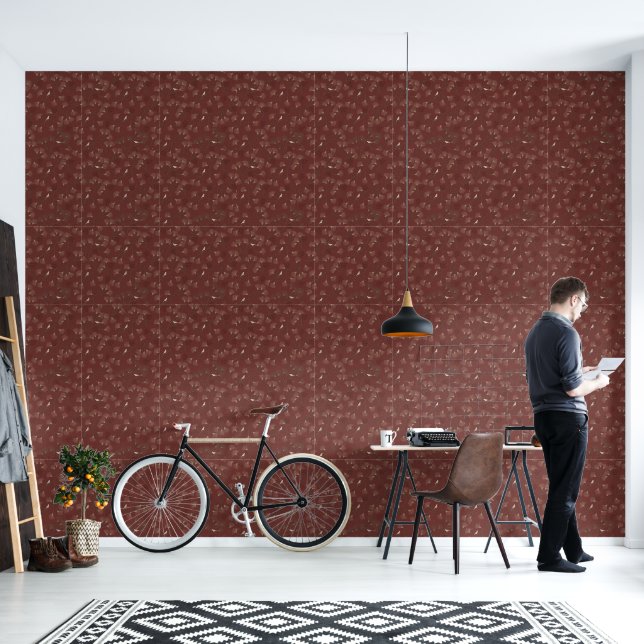  Pine Tree and Bird Pattern on Ruby Red Wallpaper (Living Room)