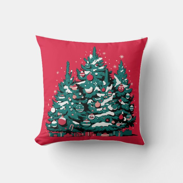 Pine tree and christmas ornaments red background throw pillow (Front)