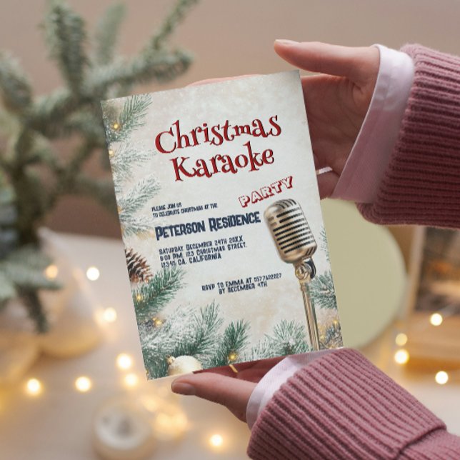 Pine Tree and Microphone Christmas Karaoke Party  Invitation (Creator Uploaded)