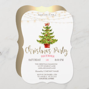 Pine Tree,Balls, Lights Gold Christmas Party Invitation