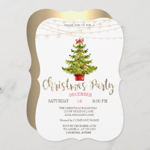 Pine TreeBalls Lights Gold Christmas Party Invitation