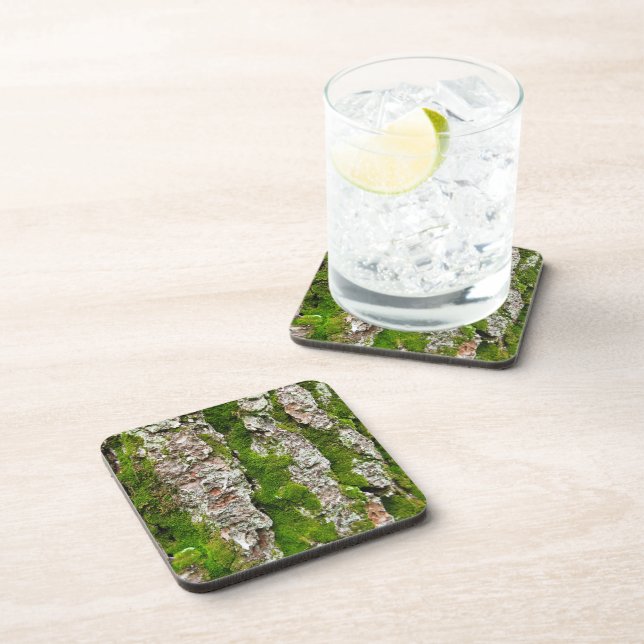 Pine Tree Bark With Moss Beverage Coaster (Right Side)
