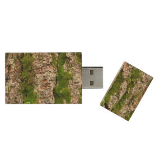 Pine Tree Bark With Moss Wood Flash Drive