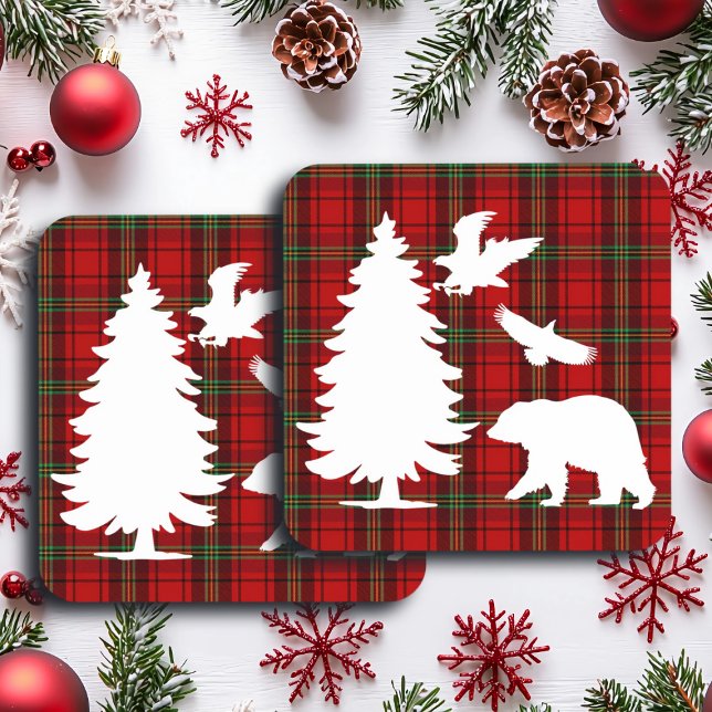 Pine tree Bear Eagle on Red Black Tartan Beverage Coaster (Creator Uploaded)