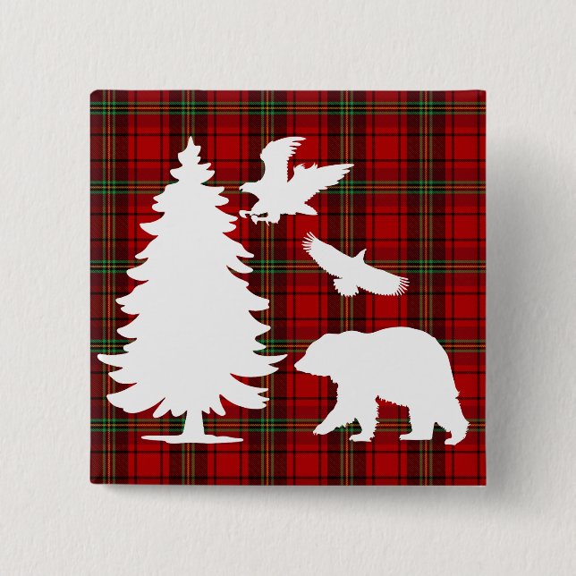 Pine tree Bear Eagle on Red Black Tartan Button (Front)