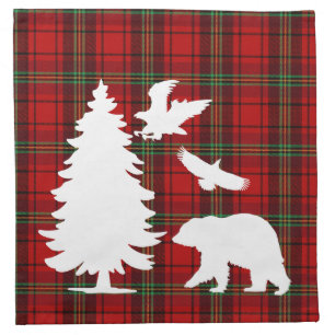 Pine tree Bear Eagle on Red Black Tartan Cocktail Cloth Napkin