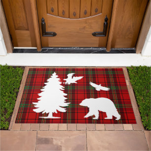 Pine tree Bear Eagle on Red Black Tartan Doormat
