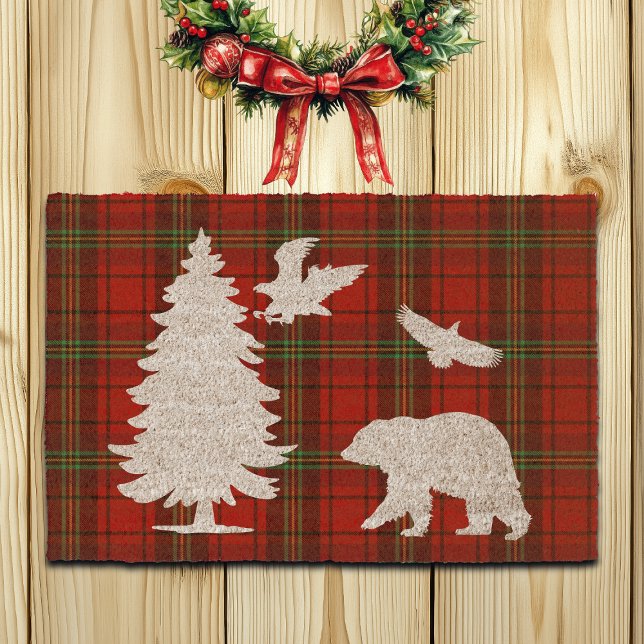 Pine tree Bear Eagle on Red Black Tartan Fiber Doormat (Creator Uploaded)