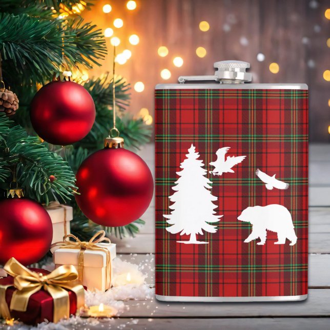 Pine tree Bear Eagle on Red Black Tartan Flask (Creator Uploaded)