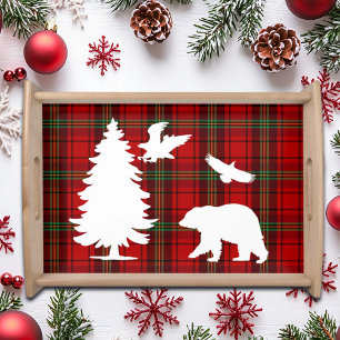 Pine tree Bear Eagle on Red Black Tartan Serving Tray
