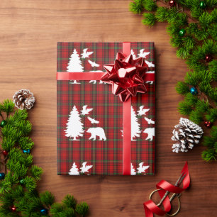 Pine tree Bear Eagle on Red Black Tartan Wrapping Paper