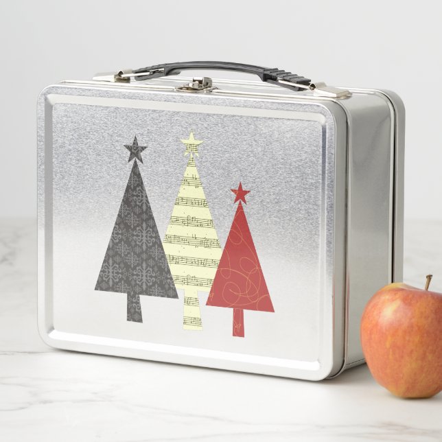 Pine Tree Black and Red Modern Geometric Christmas Metal Lunch Box (In Situ)