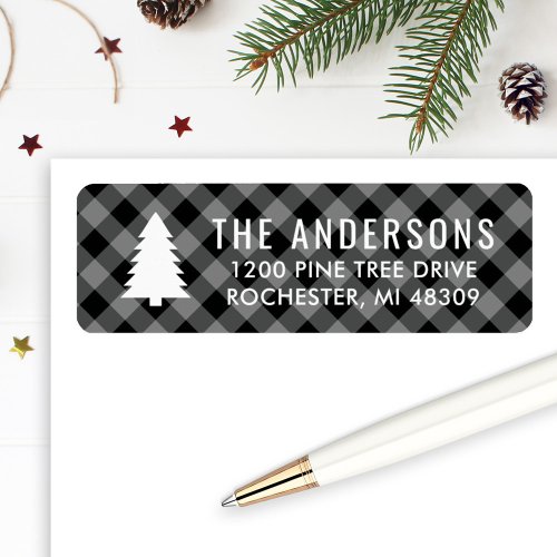 Pine Tree Black Gray Buffalo Plaid Holiday Address Label