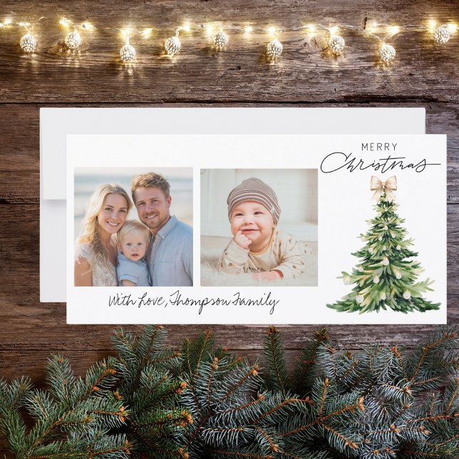 Pine Tree Bow Christmas Elegant Photo Custom Holiday Card (Creator Uploaded)