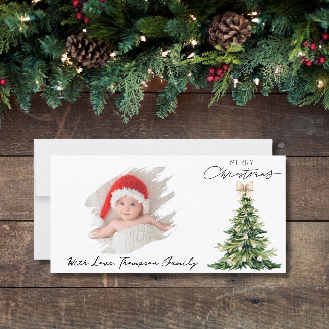 Pine Tree Bow Christmas Elegant Photo Custom Holiday Card (Creator Uploaded)