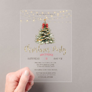 Pine Tree,Bow,String Lights Gold Christmas Acrylic Invitations