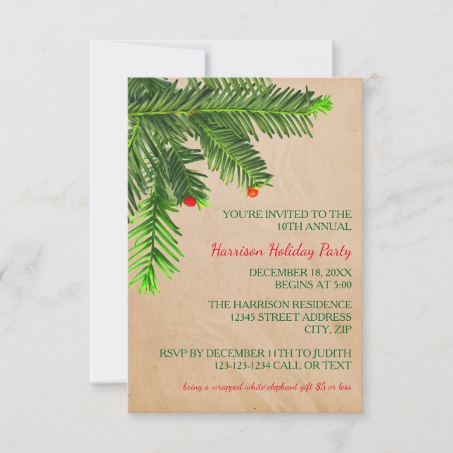 Pine Tree Branch - 3x5 Christmas Party Invitation (Front)