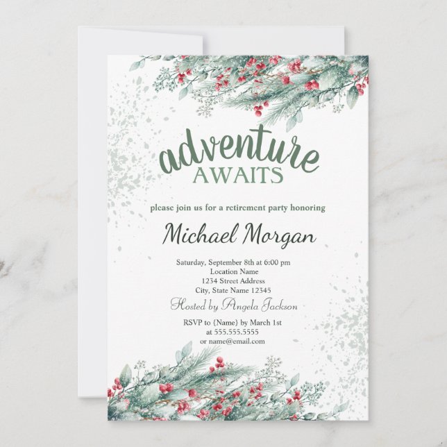  Pine Tree Branch Berries Retirement Invitation (Front)