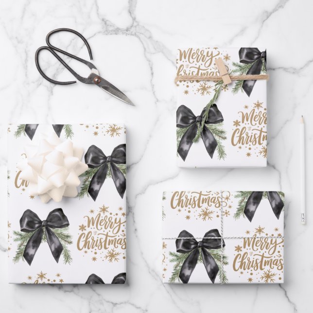 Pine Tree Branch Black Bow Gold Merry Christmas Wrapping Paper Sheets (Front)