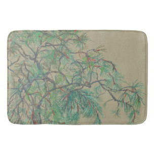 "Pine-tree branch", pastel drawing in green tones Bathroom Mat