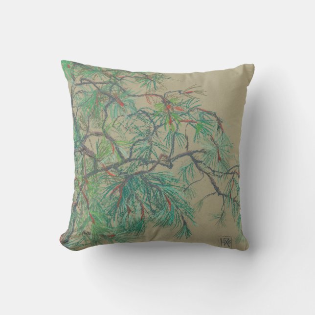 "Pine-tree branch", pastel drawing in green tones Throw Pillow (Front)