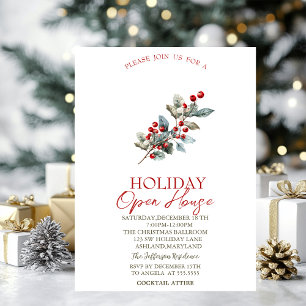 Pine Tree Branch Red Berries Holiday Open House Invitation