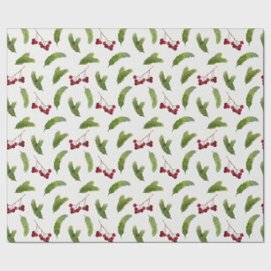 Pine Tree Branches and Red Berries Christmas Wrapping Paper