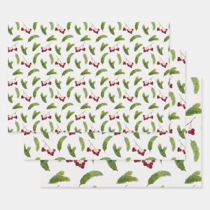 Pine Tree Branches and Red Berries Christmas Wrapping Paper Sheets